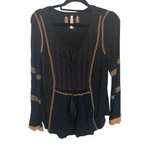 Monoreno Embroidered Black Shirt Size S Boho Whismygoth Southwestern Long Sleeve